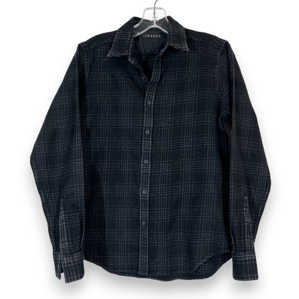 Theory Plaid Flannel Shirt Small Wool Blend Sach Long Sleeve Button Up